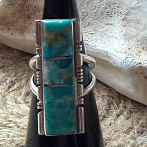 Native American Turquoise Inlay Sterling Silver Statement Ring - Blue-Green